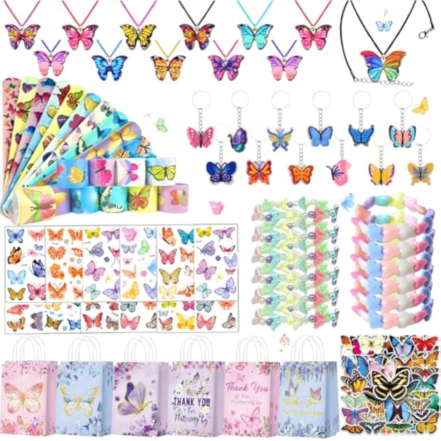 Butterfly Party Favors 122Pcs Butterfly Themed Birthday Supplies Set Fairy Party Favors Decorations Keychains Bracelets Goodie Bags Tattoo Stickers Gifts For Pinata Filler