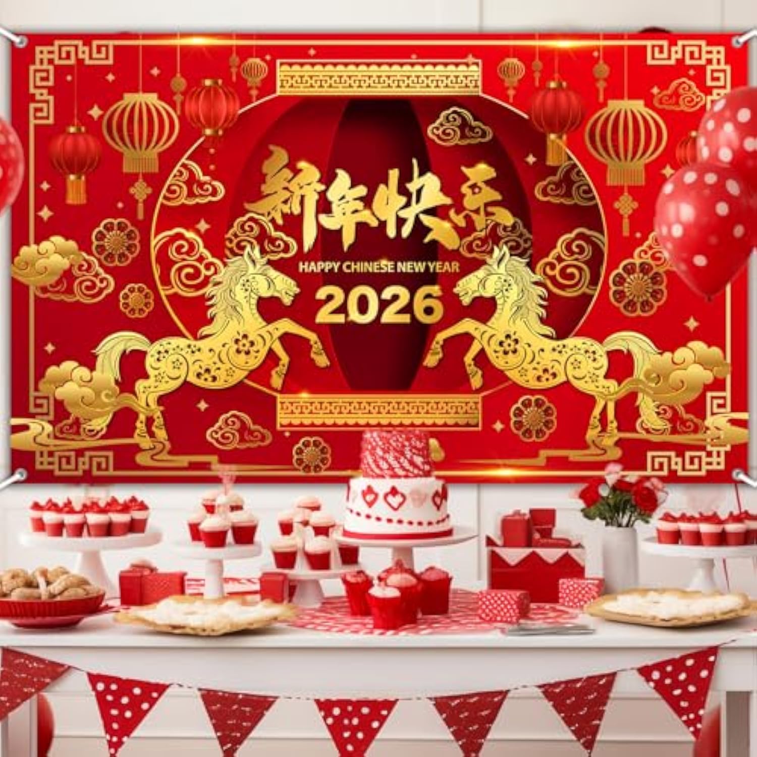 2026 Chinese New Year Banner Year of the Horse 70.8x43.3in Backdrop