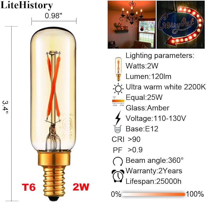 Dimmable T6 LED Bulbs E12 Candelabra Amber 2200K Warm Light T25 LED Bulb 6 Pack