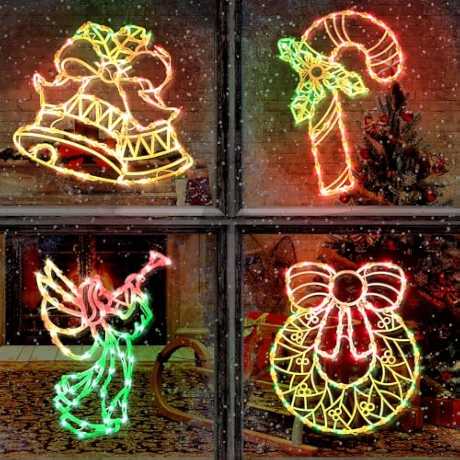 Christmas Window Silhouette Lights Decorations - Pack Of 4 Sign Colour Lighted Wreath, Candy Cane, Bell, And Angel For H