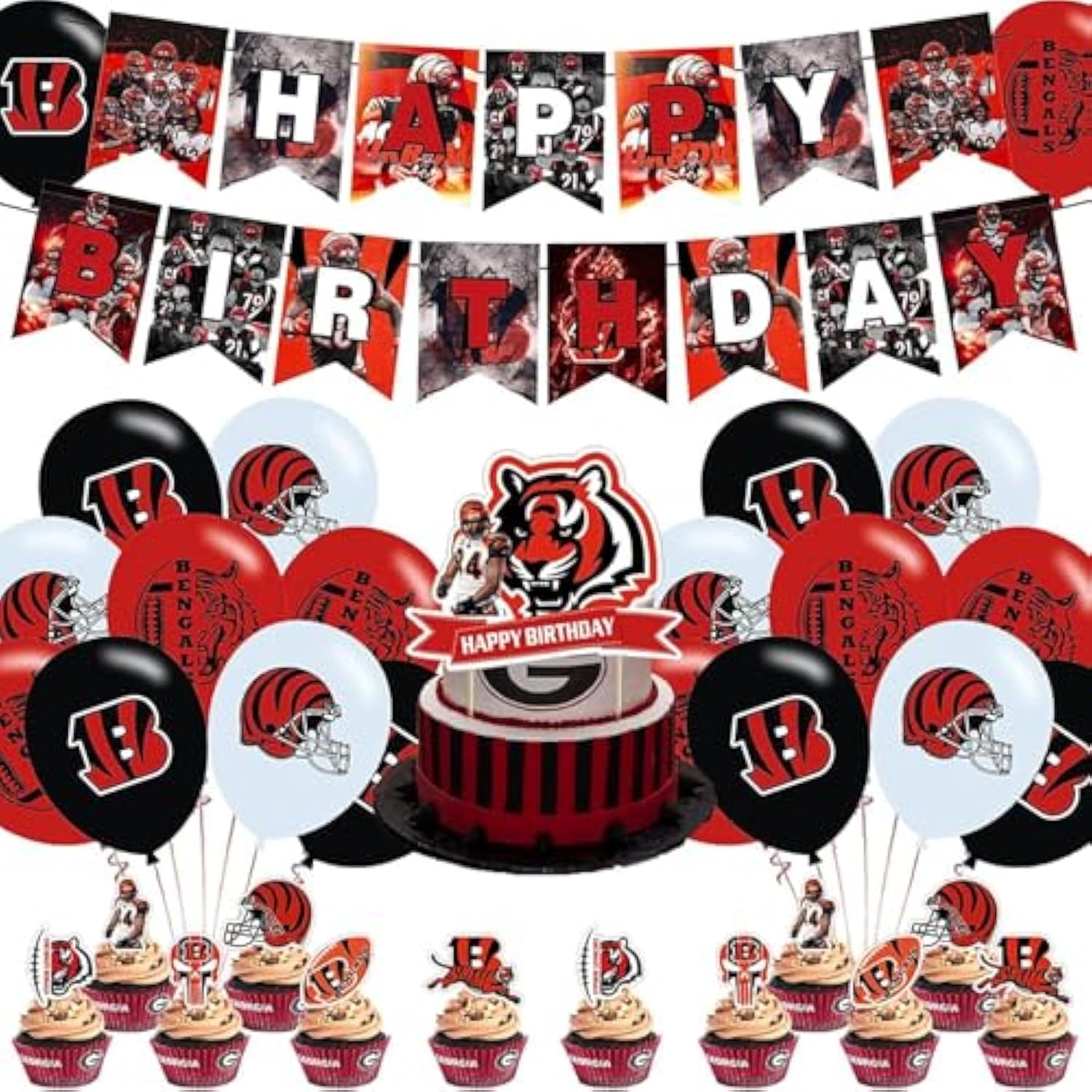 Cincinnati Bengals Party Pack: Banner, Cake Topper, Cupcake Toppers & Balloons