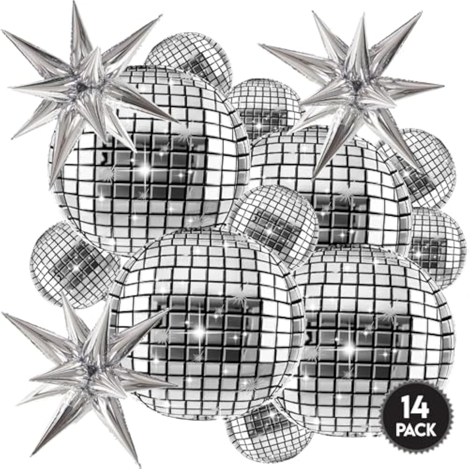 14pcs Inflatable Disco Ball Balloons — 22" Silver Mylar with Star Balloons & Party Supplies