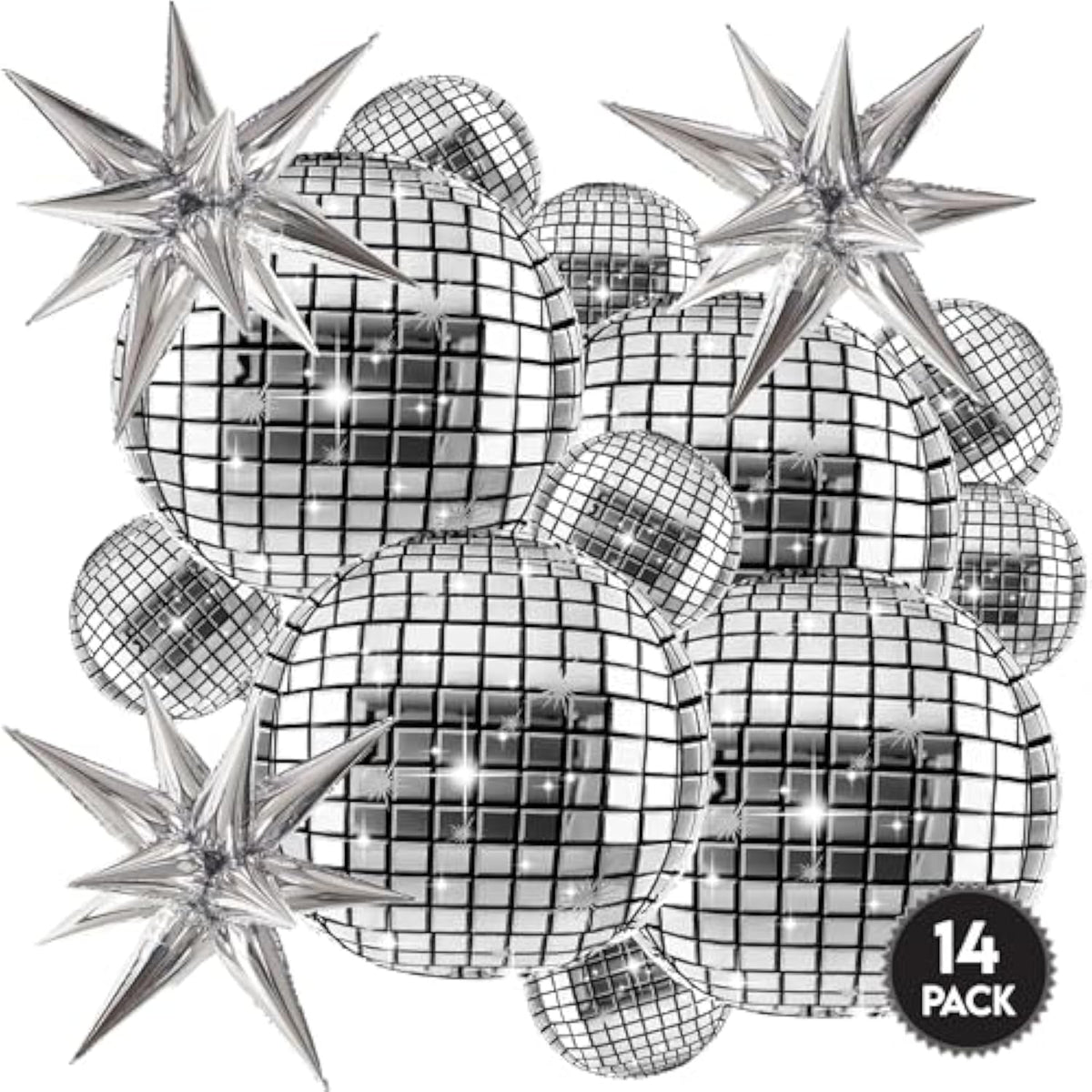 14pcs Inflatable Disco Ball Balloons — 22" Silver Mylar with Star Balloons & Party Supplies