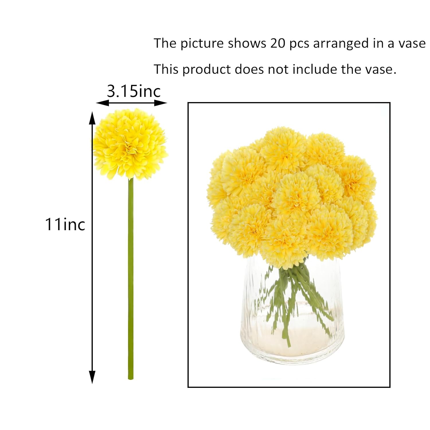 20Pcs Fake Chrysanthemum Artificial Flowers Faux Silk Mums With Stem Balls Flowers For Vase Fillers Easter Home Table Floral Arrangements Wedding Party Diy Decoration(Yellow)