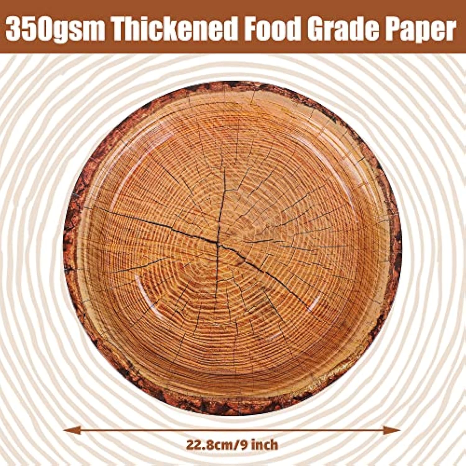 50 Count Wood Grain Paper Plates 9" Rustic Wood Slice Paper Plates Disposable Party Dinner Plate Farmhouse Round Plate For Dining Table Decor Cut Timber Party Supplies