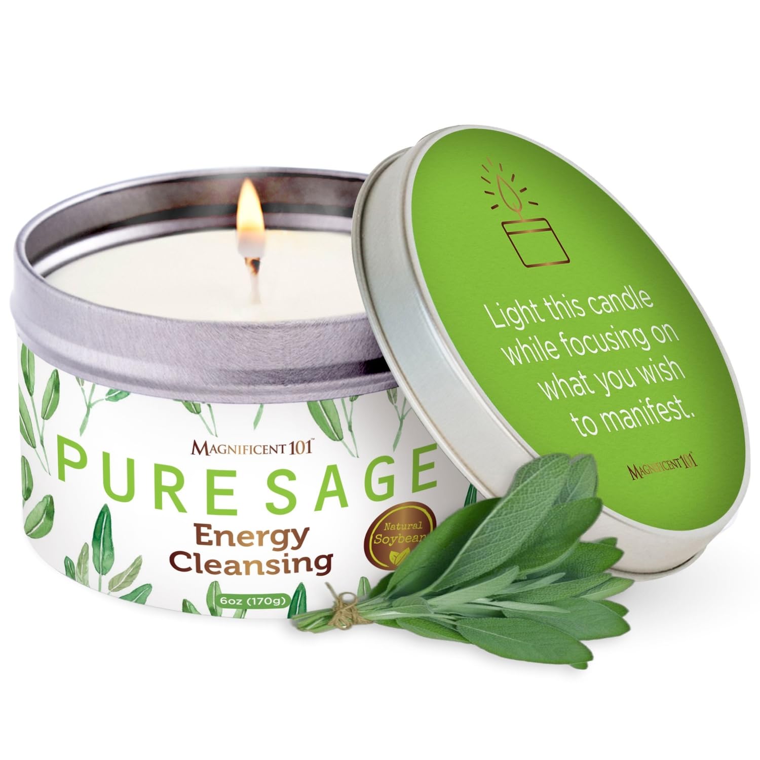 Long Lasting Pure White Sage Candle - 6 Oz - 35 Hour Burn Time - Organic, All Natural, Soy Candle To Cleanse Your Home & Calm, Soothe, Use With Sage Smudge Kit - Spiritual