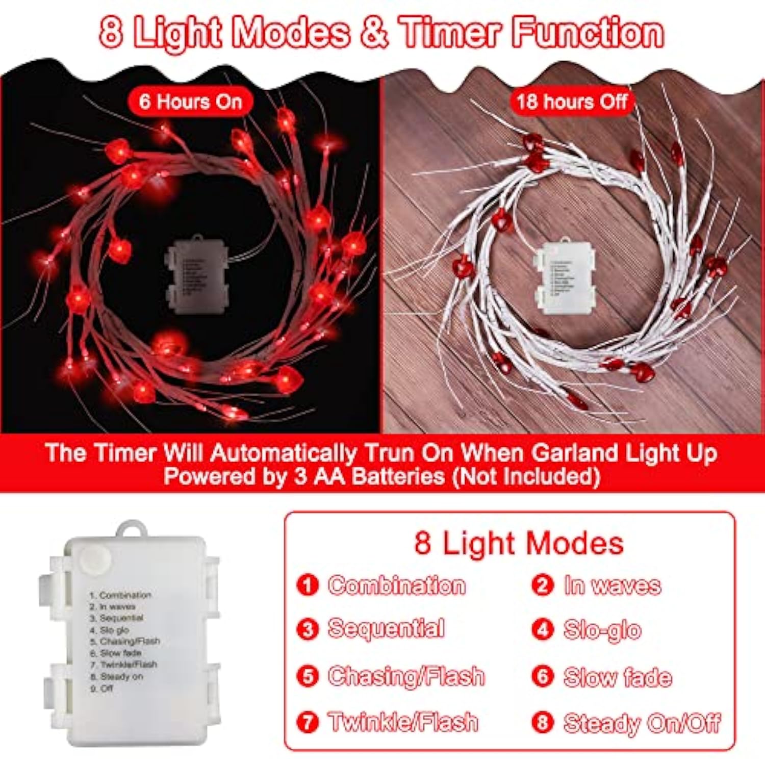 [Timer] Valentines Day Decor Willow Vine With Red Heart Lights, 5Ft 45 Led Valentines Day Garland With Light Battery Operated 8 Modes Valentines Day Lights Romantic Decorations For Home Table Wall