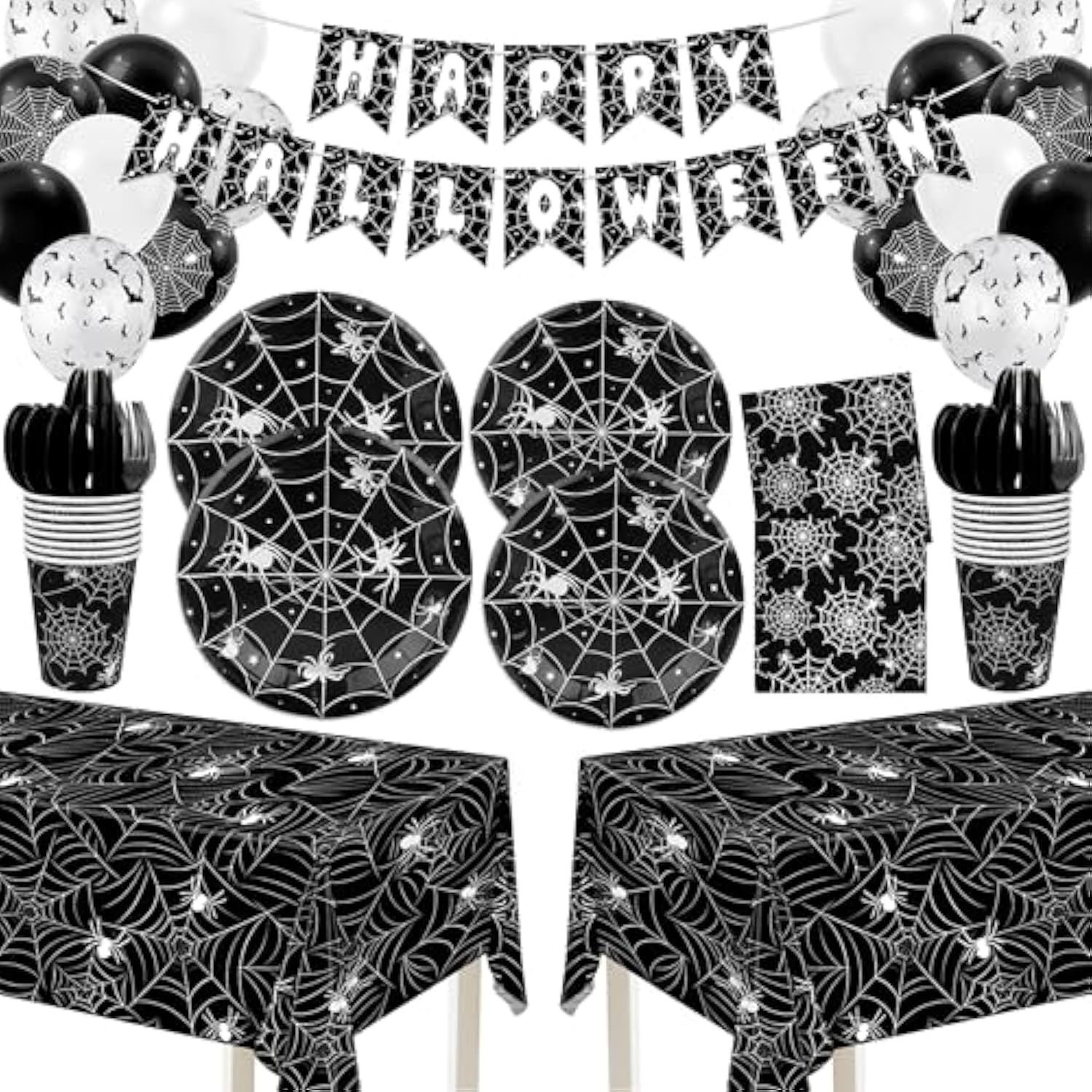 Halloween Spiderweb Tableware Set Disposable Plates Cups Napkins Cutlery Banner Decor Black
