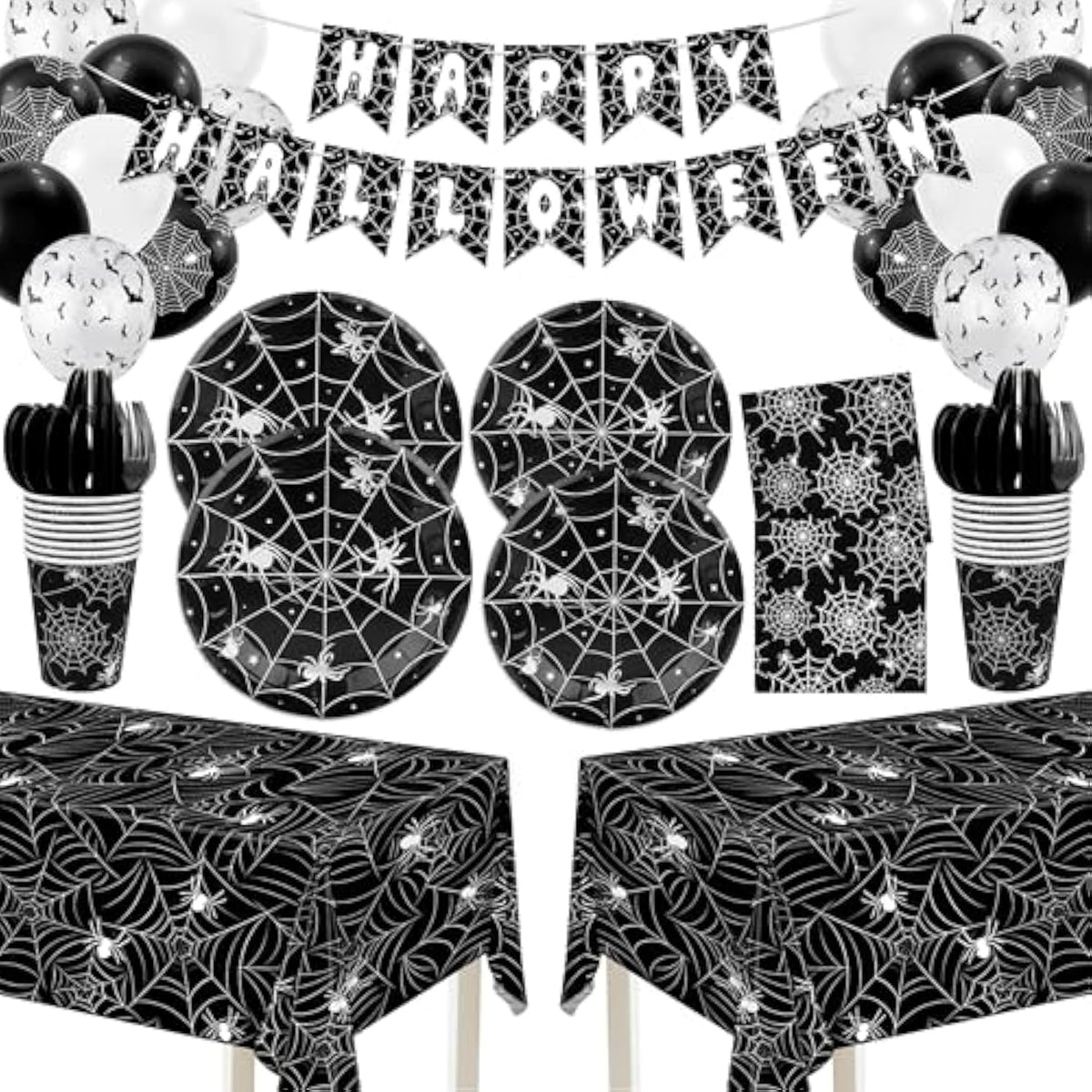 Halloween Spiderweb Tableware Set Disposable Plates Cups Napkins Cutlery Banner Decor Black
