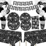 Halloween Spiderweb Tableware Set Disposable Plates Cups Napkins Cutlery Banner Decor Black