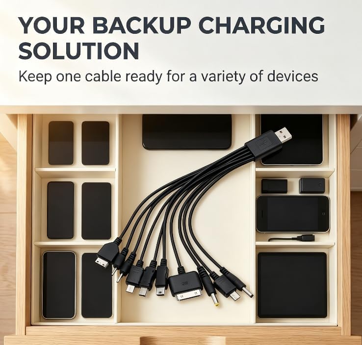 Black 20cm 10 in 1 Universal USB Cable, Multiple Universal Charging Cable for Cell Phones Blutooth Earphone Speaker Adapter, Data USB Cables Cables