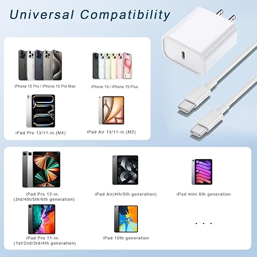 3 Pack USB C Fast Charger with 10FT USB C to USB C Cable for iPhone 17 16e 15 iPad