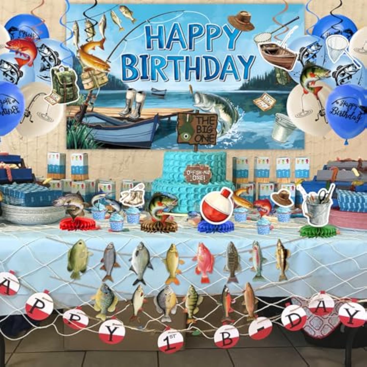 Fishing Birthday Party Decorations Includes Backdrop, Banner, Hanging Swirls, Balloons, Cake & Cupcake Toppers, Honeycomb Centerpieces For Ofishally One Birthday Decorations
