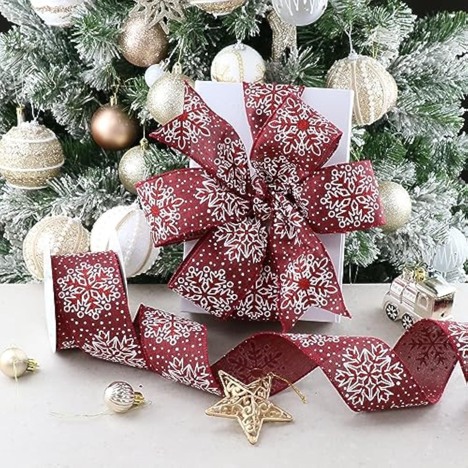Burgundy Snowflake Wired Ribbon 2.5" X 10 Yard For Christmas Tree Decoration, Wreaths, Crafts, Home Decor, Gift Wrapping - Burgundy And White Burlap