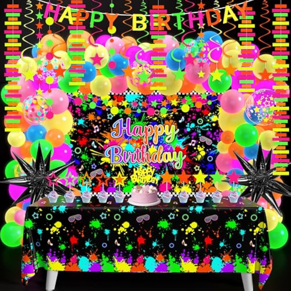 Neon Birthday Party Decoration Glow In The Dark Party Supplies Happy Birthday Backdrop Banner Neon Fluorescent Balloons Garland Arch Star Hanging Swirl Black Light Reactive Glow Tape Neon Streamer