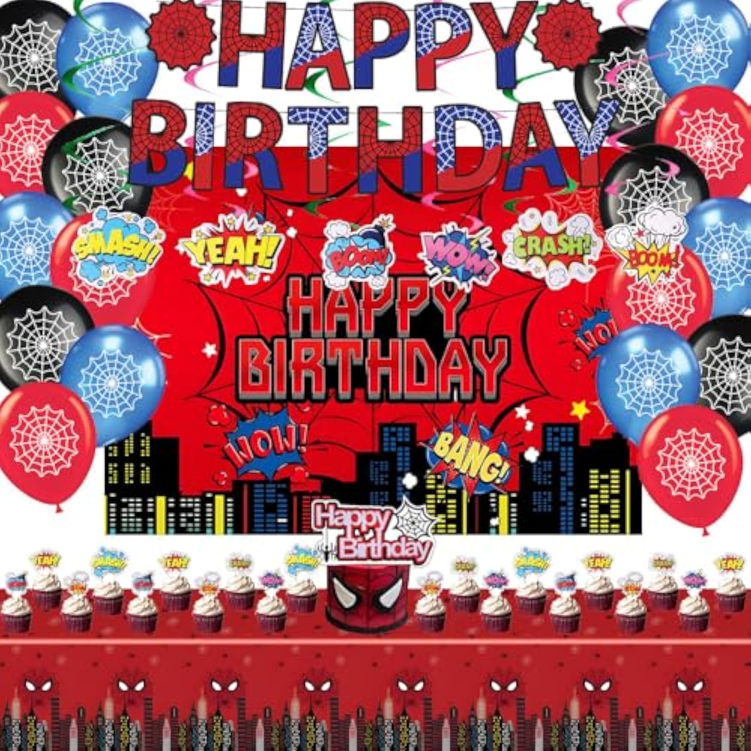 Spider Theme Birthday Party Supplies, Spider Theme Party Decorations Including Birthday Banner, Backdrop, Balloons, Hanging Swirls, Tablecloth, Cake Toppers For Kids Party