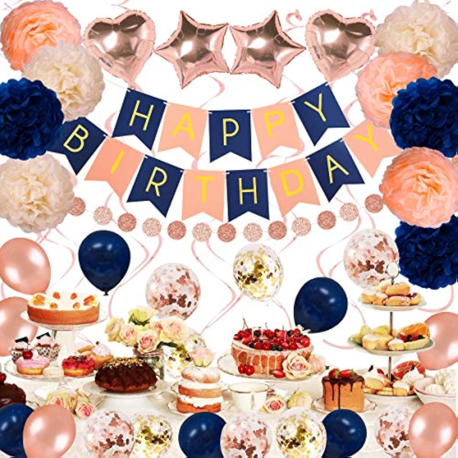 Navy Rose Gold Birthday Decorations 61 Pieces Balloon Kit With Foil Balloons,Flower Pompoms,Round String Suit For 1St 16Th 21Th 25Th 30Th 35Th 40Th, Women Grils Navy Rose Gold Birthday Party1