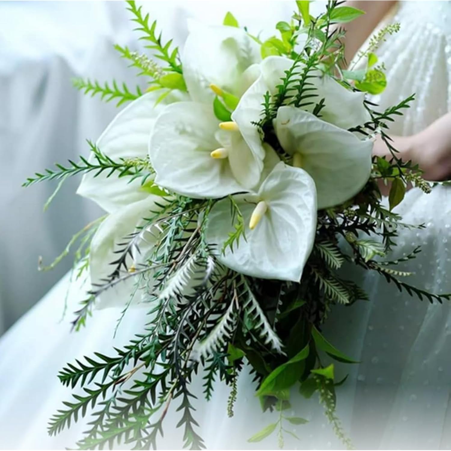 8Pcs 13Inch Pure White Artificial Anthurium Lily Flowers Permanent For Home Decor Bouquet Home Bridal Wedding Festival Party,Crafts,Store Decor Arrangements Flower Bouquet Accessories
