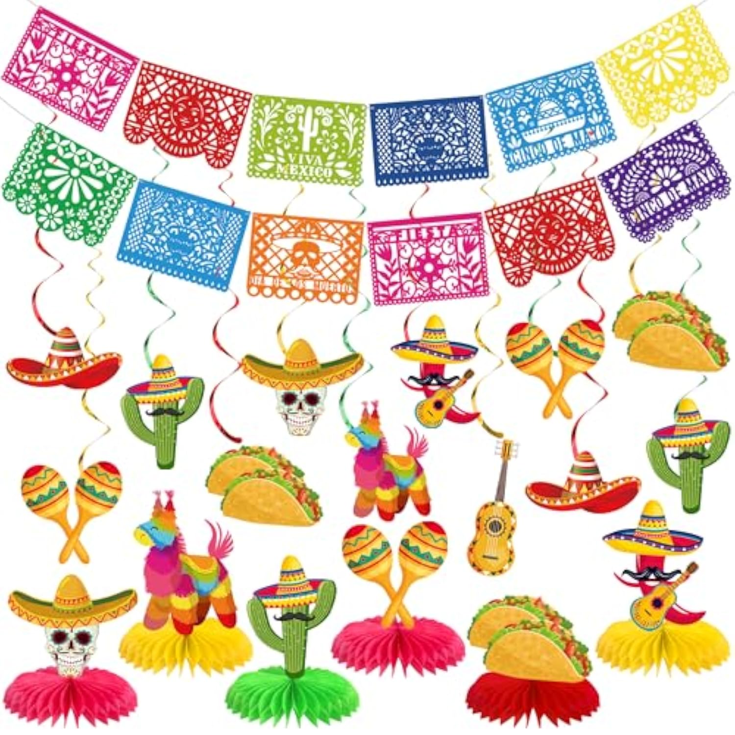 20 Pcs Fiesta Party Decorations Set Mexican Banner Cinco De Mayo Mexico Banner Hanging Swirls And Honeycomb Centerpieces For Mexican Theme Fiesta Taco Birthday Party Decoration