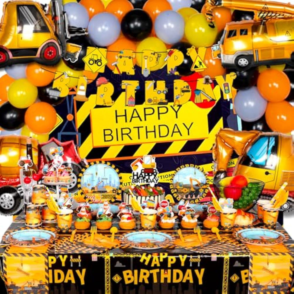 175 Pcs Construction Birthday Party Supplies, Construction Party Decorations, Dump Truck Party Decorations Includes Balloons, Backdrop, Banner, Tablecloth, Plates, Napkins, Cake Toppers