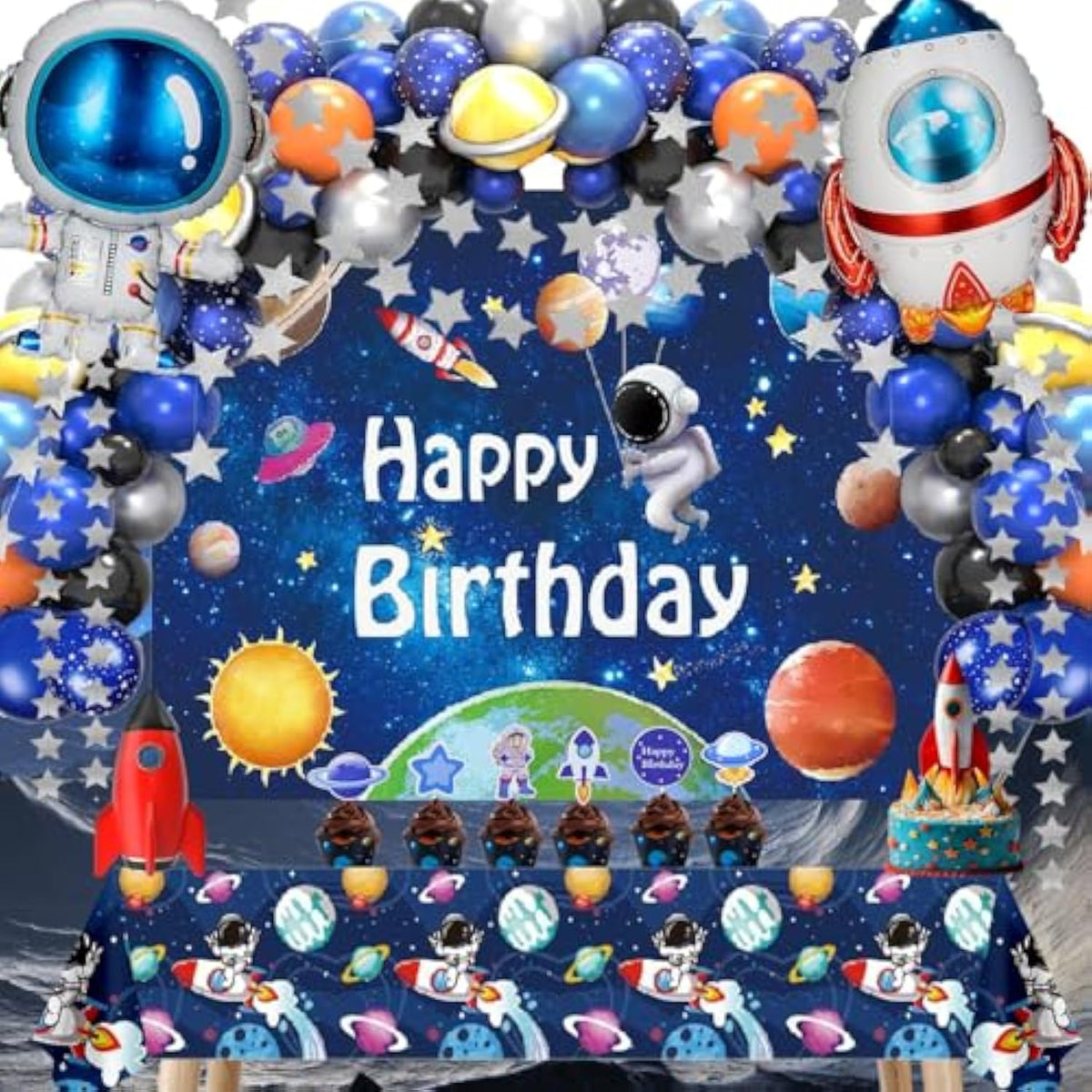 96Pcs Outer Space Astronaut Party Decorations - Galaxy Themed Party Supplies ?Happy Birthday Backdrop, Tablecloth, Star Garland ,Multi-Color Balloons And Rocket ?Astronaut Balloons , Cake Toppers.