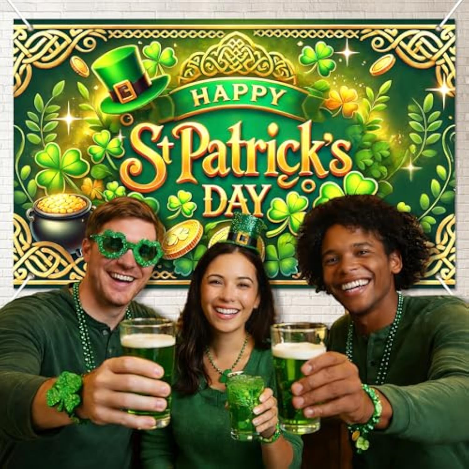 St. Patrick'S Day Banner Happy St. Patrick'S Day Decorations Backdrop 71X43 Inch Shamrock Gold Coin Green Hat Party Wall Decor Holiday Photo Background Indoor Outdoor