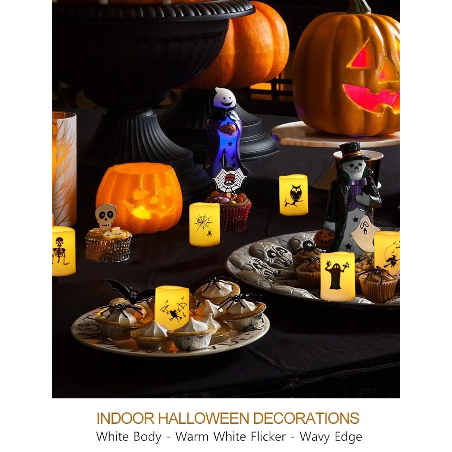 Set Of 12 Halloween Votive Candles Battery Operated (White Body, Warm White Flicker) - Flameless Unscented Candles With Halloween Decals - Led Flickering Flameless Votive Candle