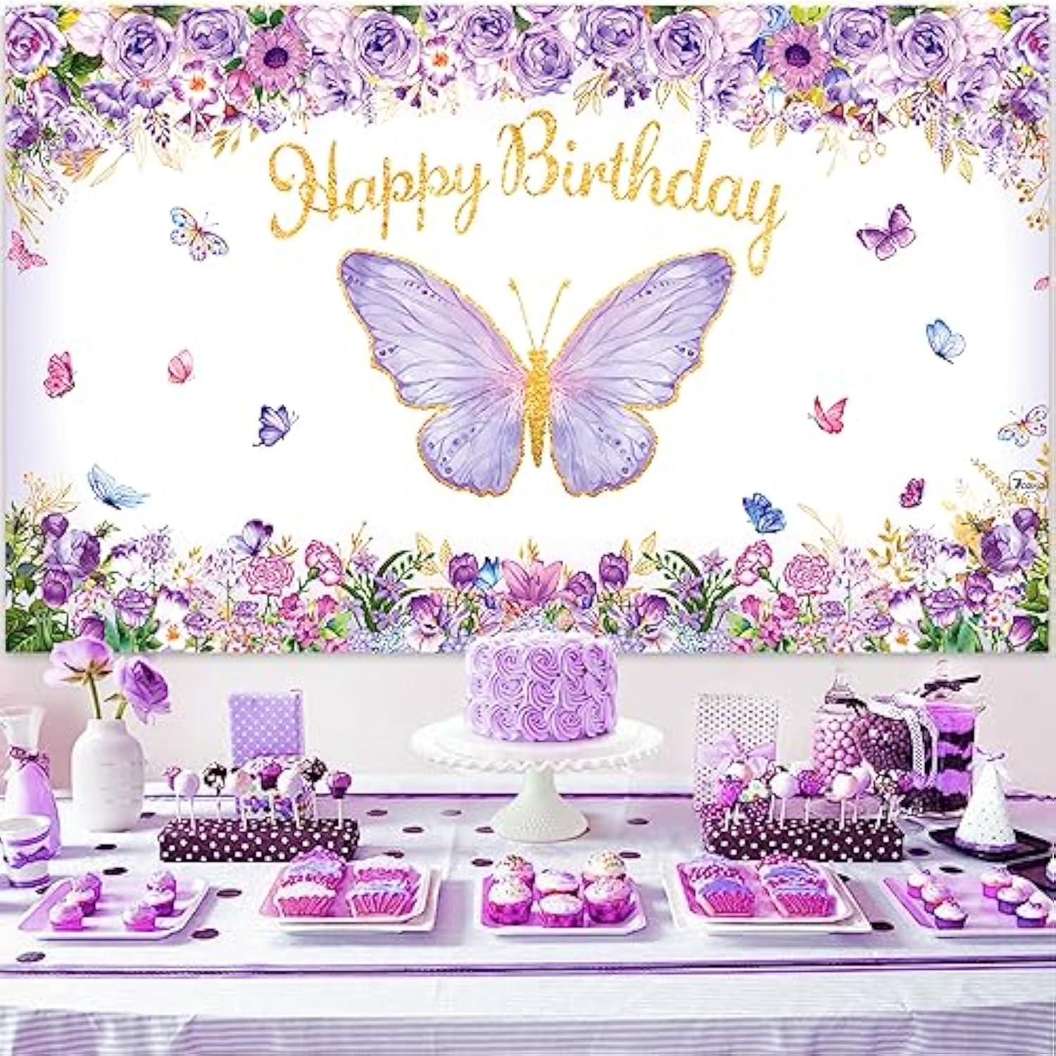 90pcs Butterfly Party Kit with Balloon Arch, Backdrop, Banner & Tablecloth