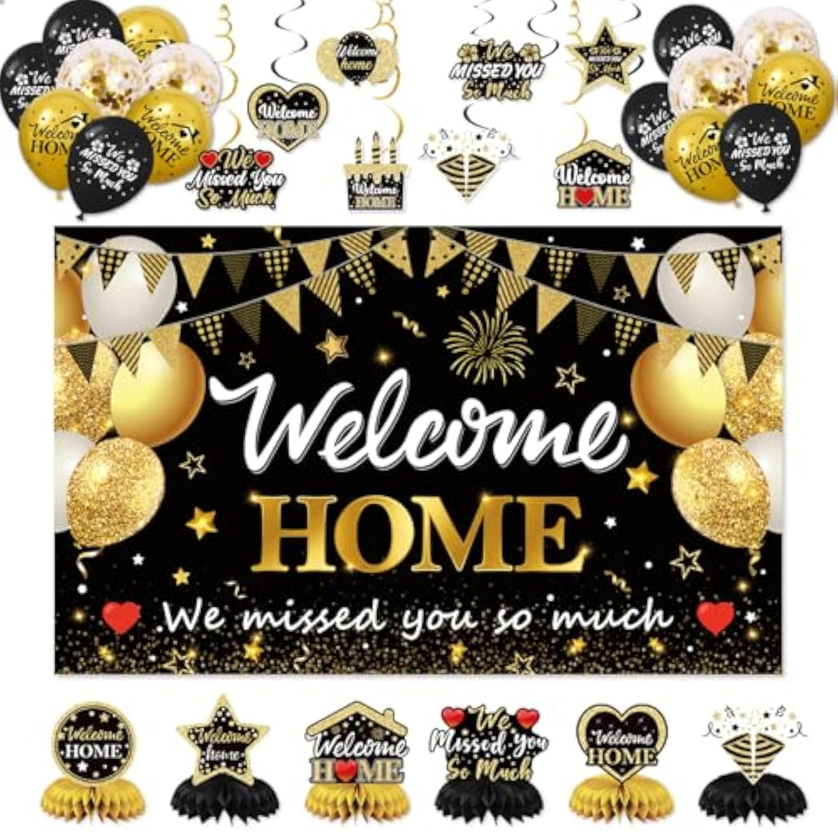 Welcome Home Decorations 30PC Black & Gold Set with Banner, Balloons, Swirls and Centerpieces