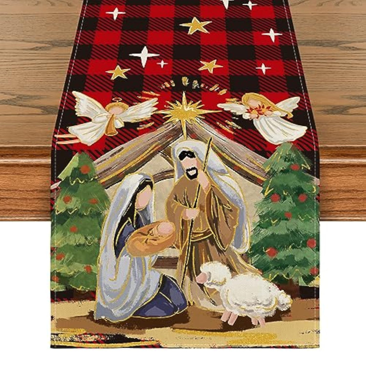 Buffalo Plaid Kogiya Shepherd Christmas Table Runner, Winter O Holy Night Xmas Kitchen Dining Table Decoration For Home Party Decor 13X72 Inch