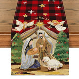 Buffalo Plaid Kogiya Shepherd Christmas Table Runner, Winter O Holy Night Xmas Kitchen Dining Table Decoration For Home Party Decor 13X72 Inch
