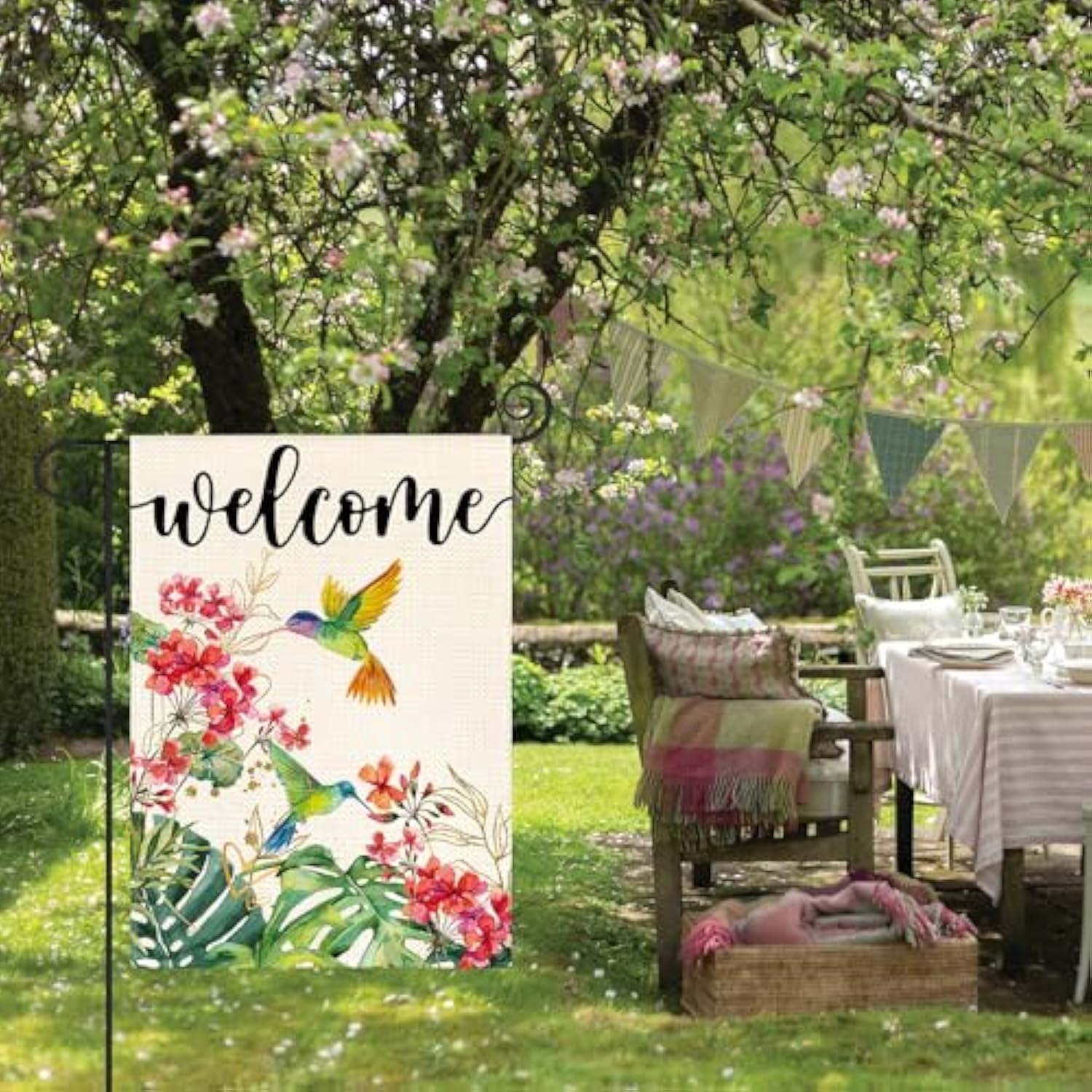 Hummingbird Floral Welcome Garden Flag 12X18 Inch Double Sided Outside, Spring Summer Burlap Small Yard Outdoor Flag