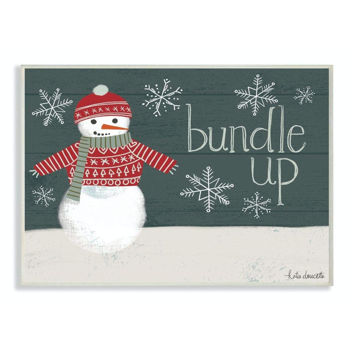 Stupell Industries Bundle Up Snowman Wood Texture Holiday Word Design Wall Plaque, Multi-Color