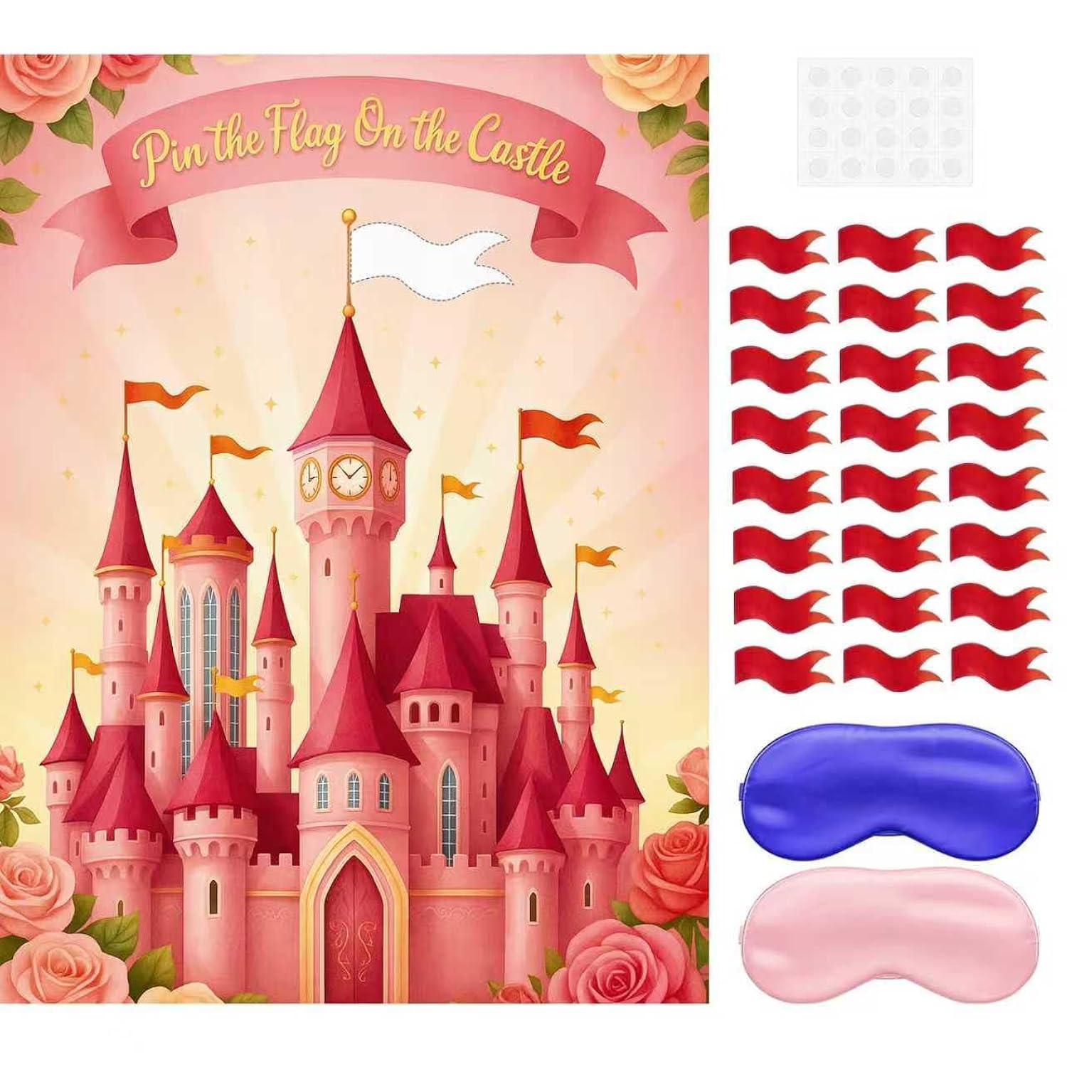 Princess Party Game: Pin The Flag On The Castle Birthday Pin Game Set With Pink Castle Poster, 24 Flag Stickers, And 2 Blindfolds For Princess Birthday Tea Party Supplies