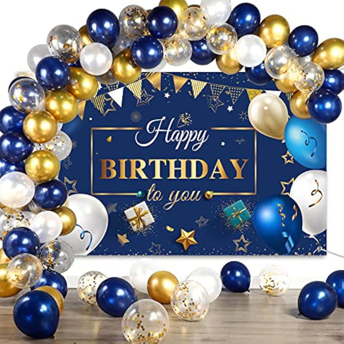 50pcs Navy Blue & Gold Birthday Balloon Kit – Confetti Balloons and Banner for Party Decor