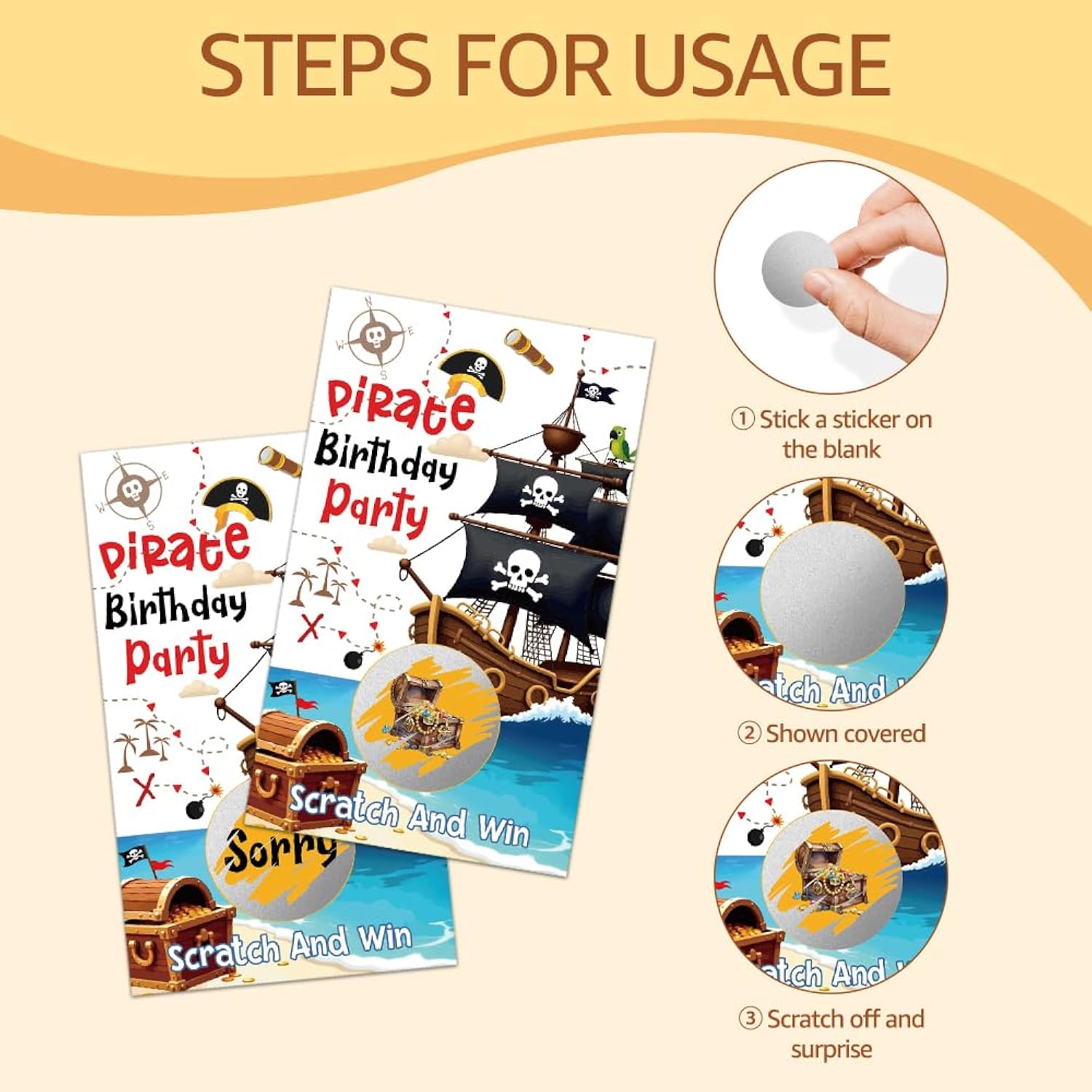 50 Pack Pirate Birthday Party Theme Scratch Off Game, Pirate Boy Scratch Cards For Birthday Party Games, Finding Treasure Raffle Tickets For Group Games Family Activity, Baby Shower