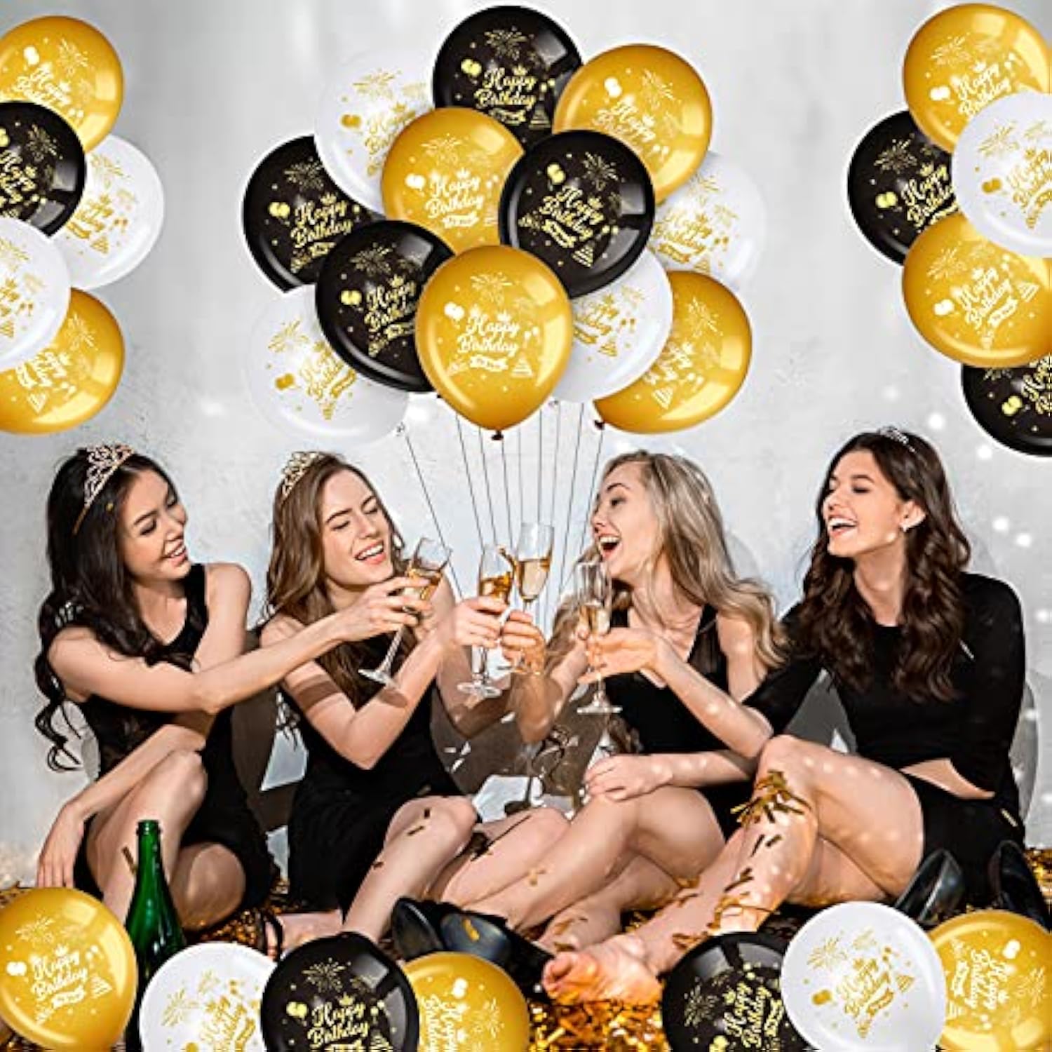 45PCS 12 Inch Happy Birthday Balloons Black Gold White Latex for Party Decorations