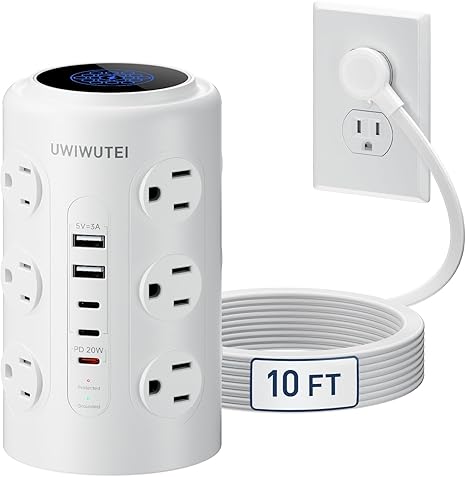Tower Power Strip 12 Outlets 5 USB Ports 3 USB C PD20W Fast Charging 10FT Extension Cord