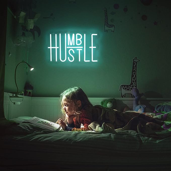Hustle Neon Sign Blue LED Wall Light USB Dimmable Motivational Decor for Office Gym Gamer Room