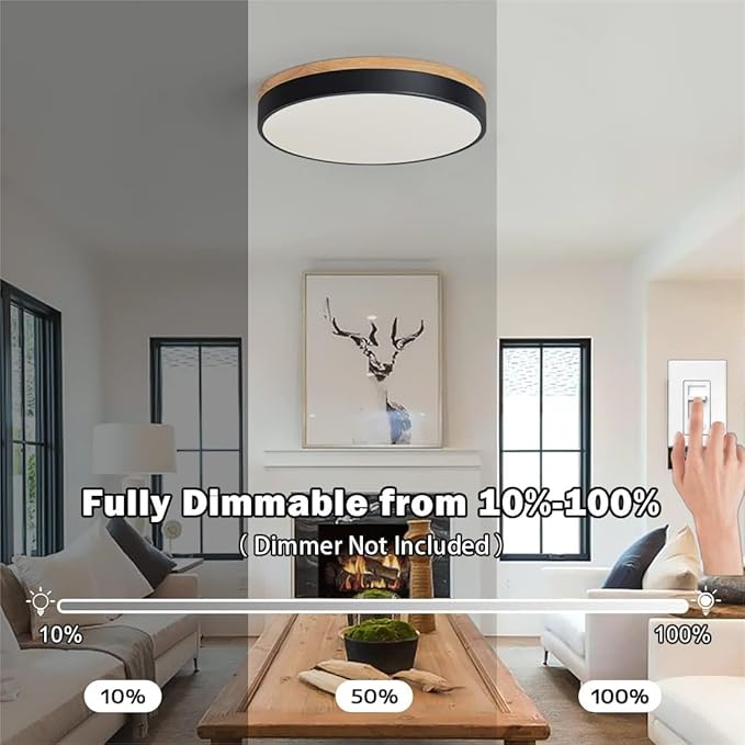 15.8 Inch Modern Wood LED Ceiling Light Black 5CCT Dimmable Flush Mount Fixture