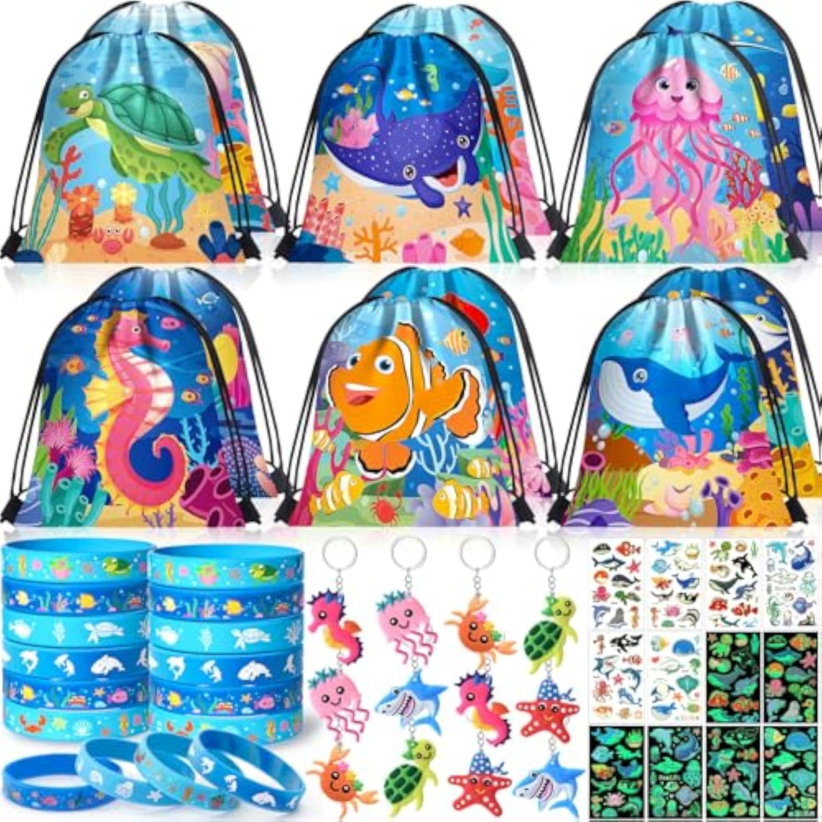 12 Sets Under The Sea Party Favors Birthday Supplies For Kids, Sea Animal Drawstring Bags Silicone Wristbands Luminous Stickers Keychain, Goodie Bag Stuffers Ocean Themed Party Favors Supplies