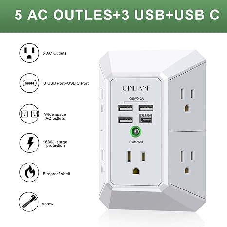 Wall Charger Surge Protector with 5 Outlets 4 USB Ports 1680J Multi Plug Adapter for Home Office Travel