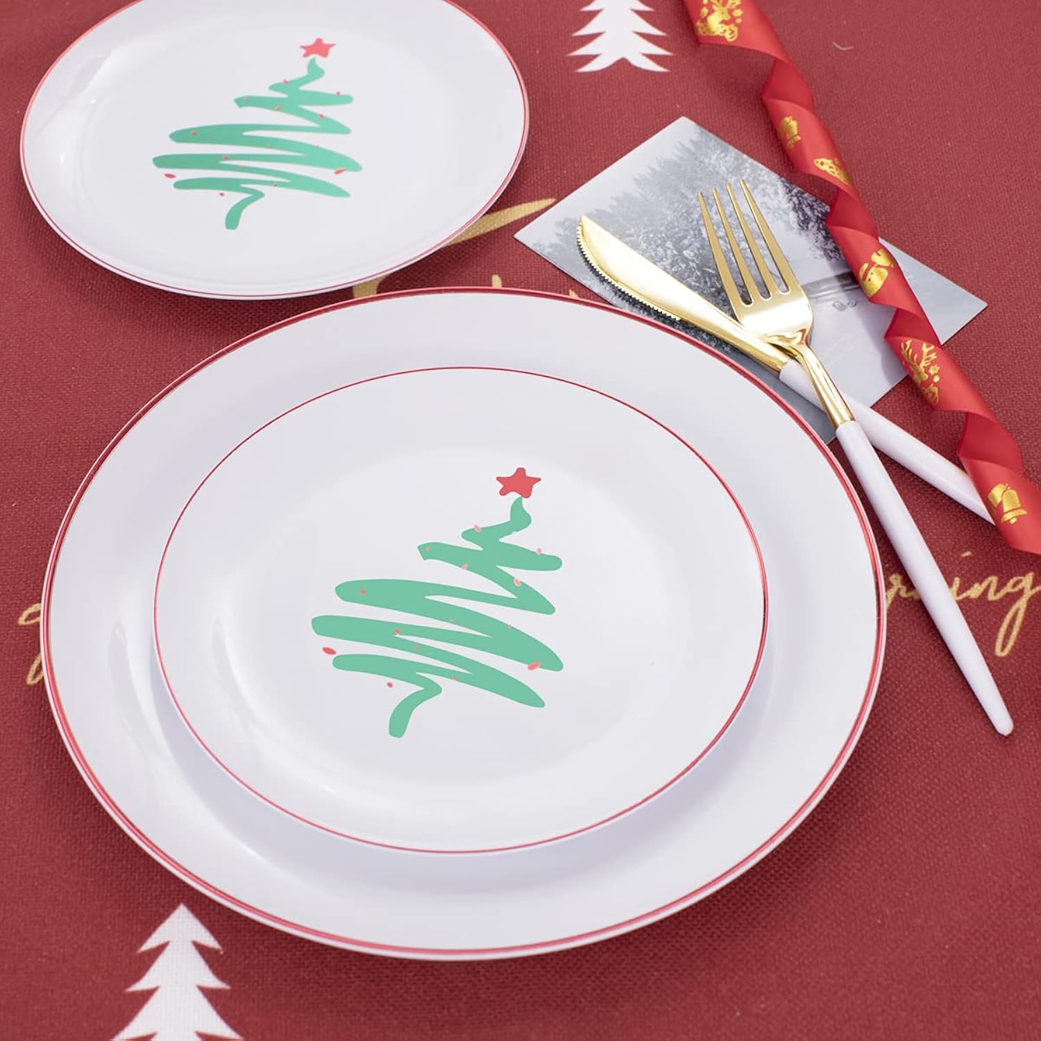 Liyh 150 Pcs Plastic Christmas Disposable Dinnerware Set, Disposable Christmas Plastic Plates With Red Rim, Gold Cutlery With White Handle, Tableware Dishes For Xmas Day 30 Guests