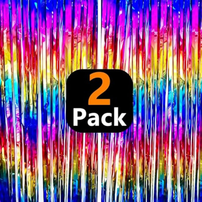 Sparkly Rainbow Foil Fringe Curtain Metallic Streamers Tinsel Party Backdrop Decorations For Birthday Gay Pride Day Graduation Wedding Engagement Bridal Shower Bachelorette Photo Booth Props - 2 Packs