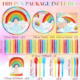 Rainbow Party Supplies, Happy Birthday Decorations For Girls & Boys -169Pcs Rainbow Party Tableware Set Include 9" And 7" Party Plates And Napkins Cups Utensils With Tablecloth For 24 Guests