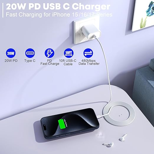 3 Pack USB C Fast Charger with 10FT USB C to USB C Cables for iPhone 17 16 15 iPad