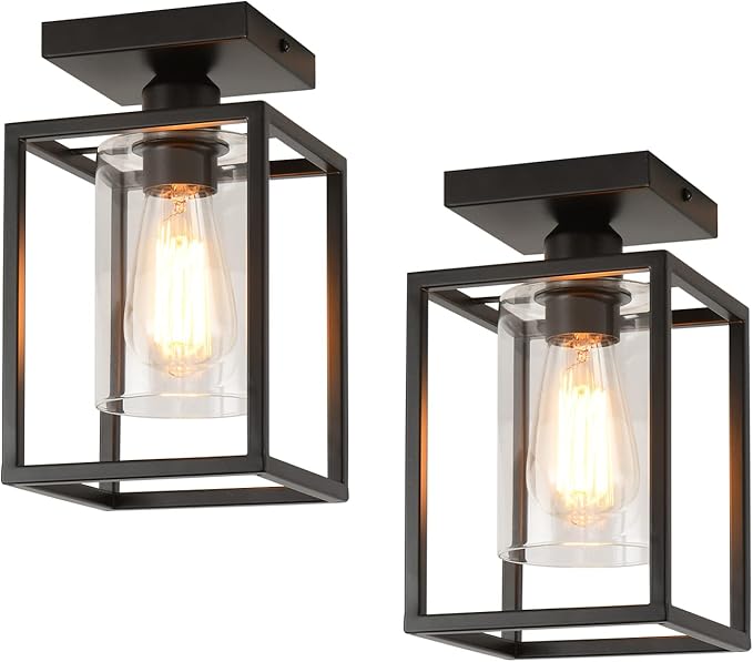 2 Pack Farmhouse Semi Flush Mount Ceiling Lights Black Metal Frame with Clear Glass