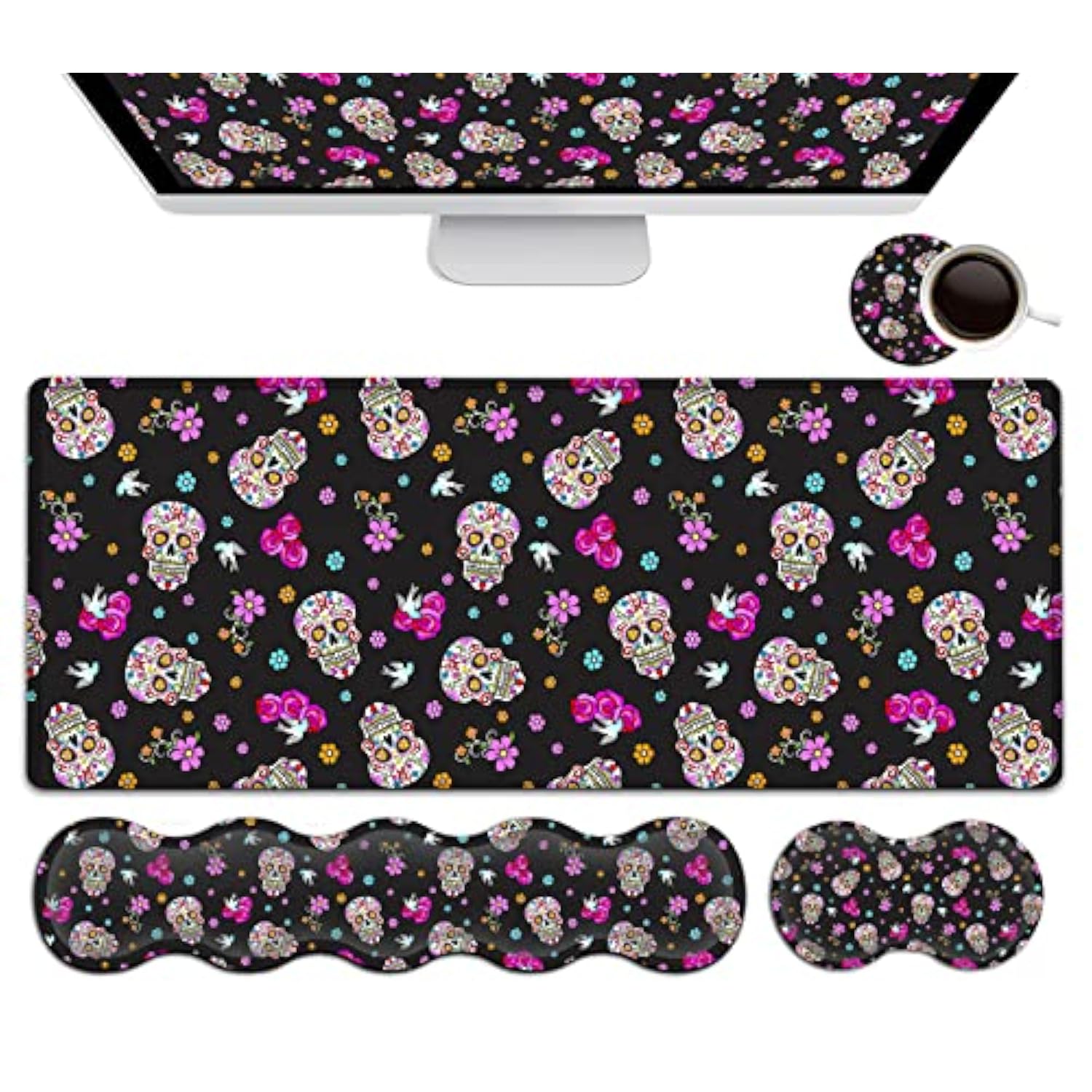 Gaming Mouse Pad Set, Large Mouse Pad And Ergonomic Memory Foam Keyboard Wrist Rest Support, Easy Typing Pain Relief Writing Mat, Extended Office Desk Mat Cute Funy Sugar Skull Black Mouse Pad