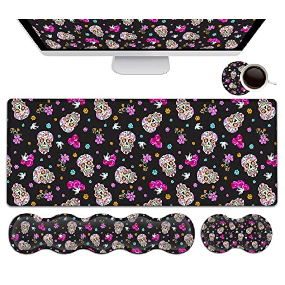 Gaming Mouse Pad Set, Large Mouse Pad And Ergonomic Memory Foam Keyboard Wrist Rest Support, Easy Typing Pain Relief Writing Mat, Extended Office Desk Mat Cute Funy Sugar Skull Black Mouse Pad