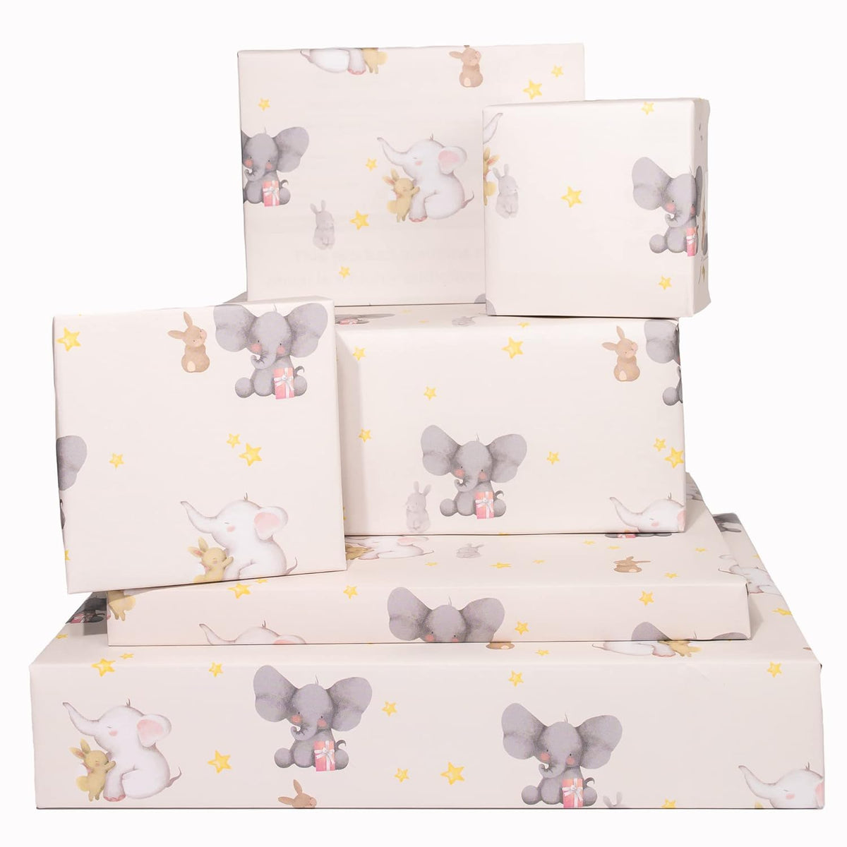 Elephants And Bunnies Wrapping Paper - 6 Sheet For Gift Wrap For Babies - Baby Shower - Christening - Baptism - Stars - Rabbit - Bunny - Made In The Uk
